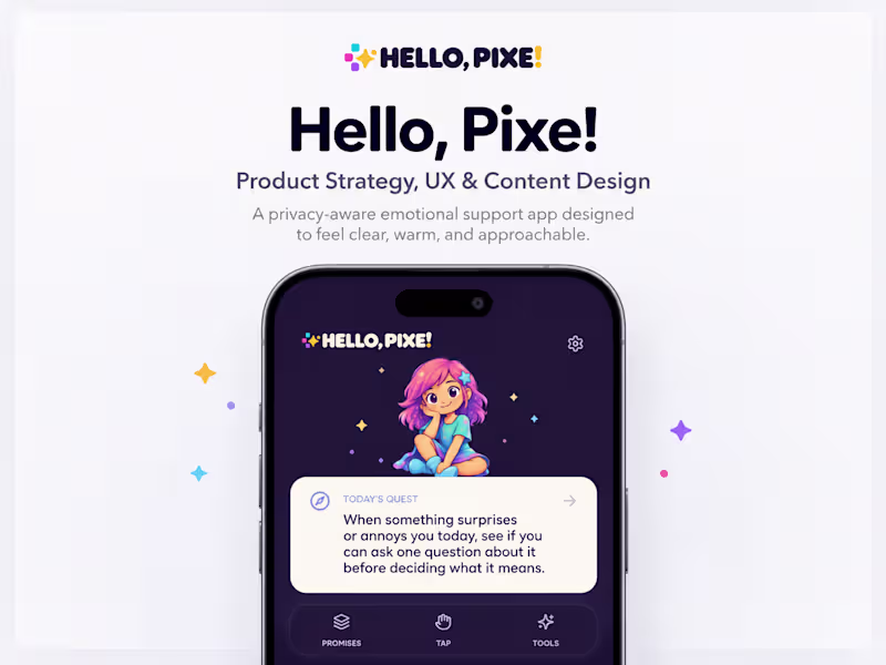 Cover image for Hello, Pixe! | Product Strategy, UX & Content Design