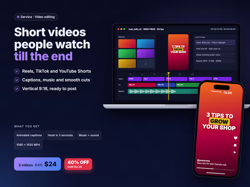 Cover image for Short Video Editing for Reels, TikTok & YouTube Shorts | 40% OFF