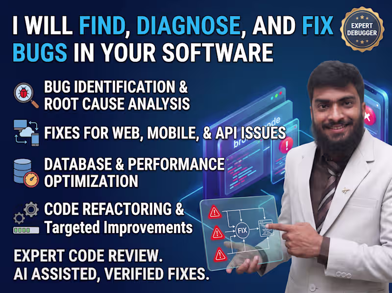 Cover image for I will find, diagnose, and fix bugs in your software