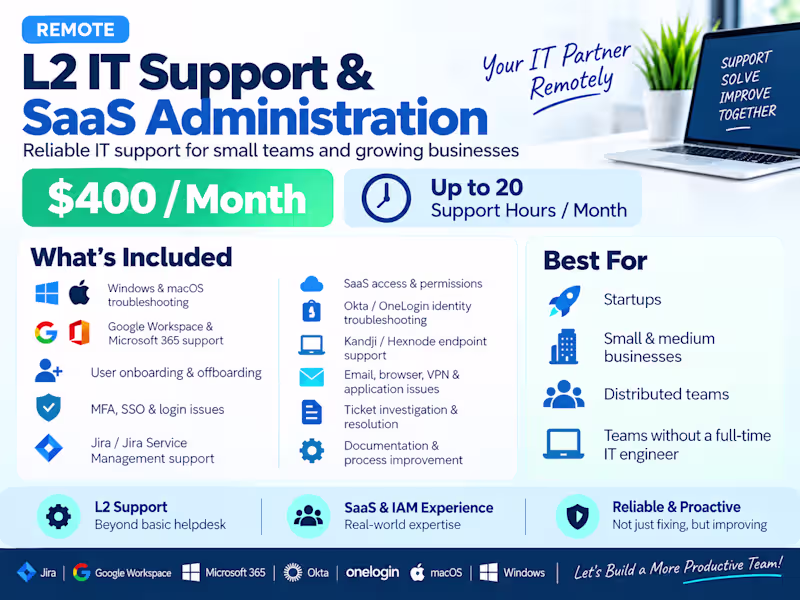 Cover image for Remote L2 IT Support & SaaS Administration — $400/Month