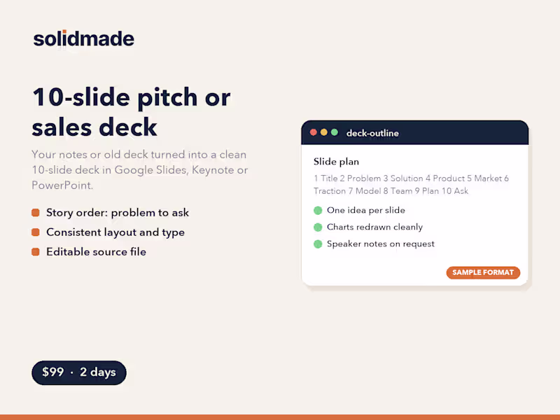 Cover image for 10-slide pitch deck, written and designed in 2 days