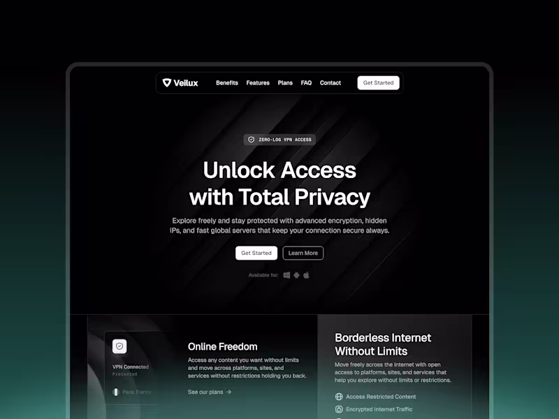Cover image for Veilux VPN & Privacy Focused Tech Website in Framer Veilux i...