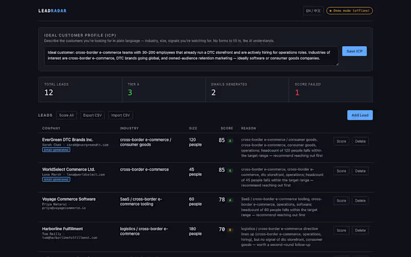 Cover image for LeadRadar — Explainable AI Lead Scoring & Outreach