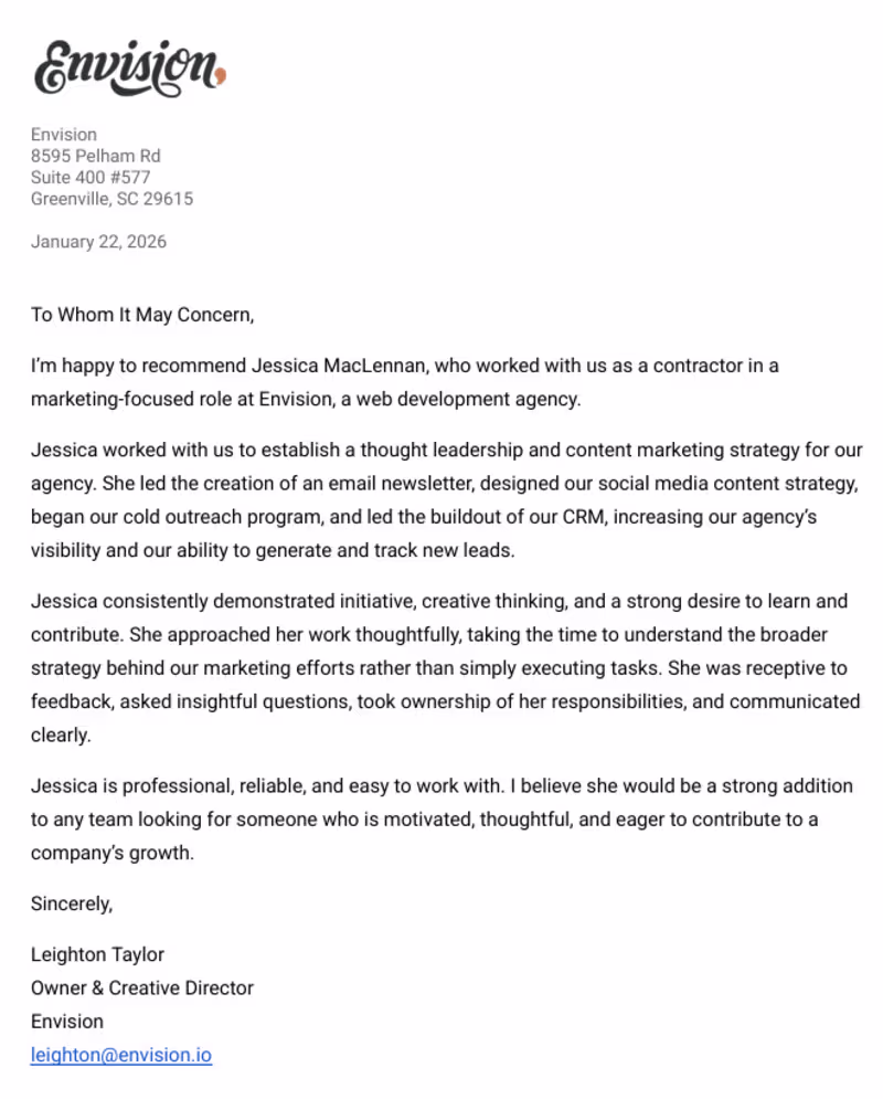 Cover image for Reference letter from Leighton Taylor,