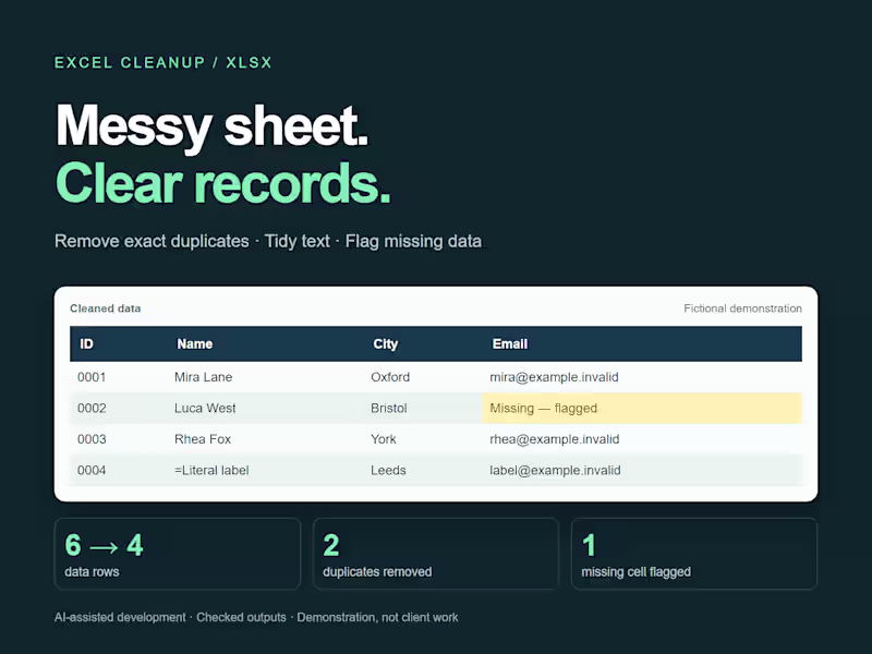 Cover image for Excel data cleanup — Fictional demonstration