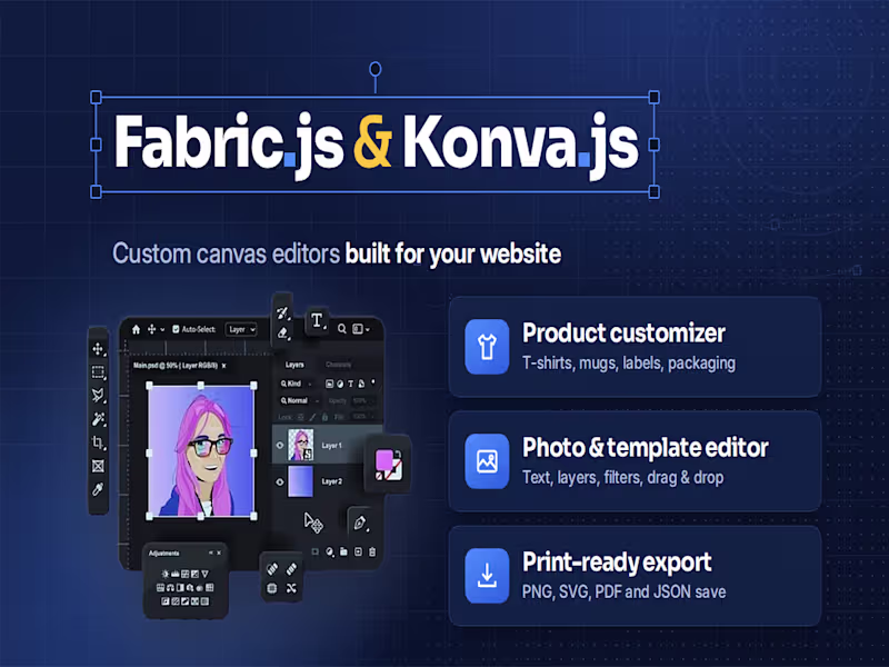 Cover image for I will build a custom product designer using konva or fabric.js