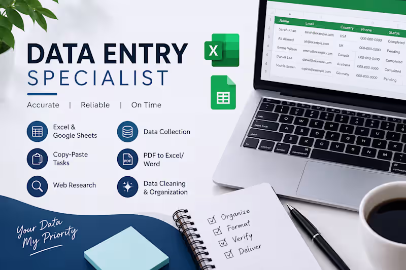 Cover image for Data Entry Specialist | Excel, Google Sheets & Web Research