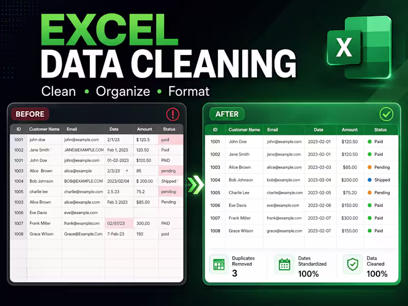 Cover image for I will clean, organize and format your Excel data