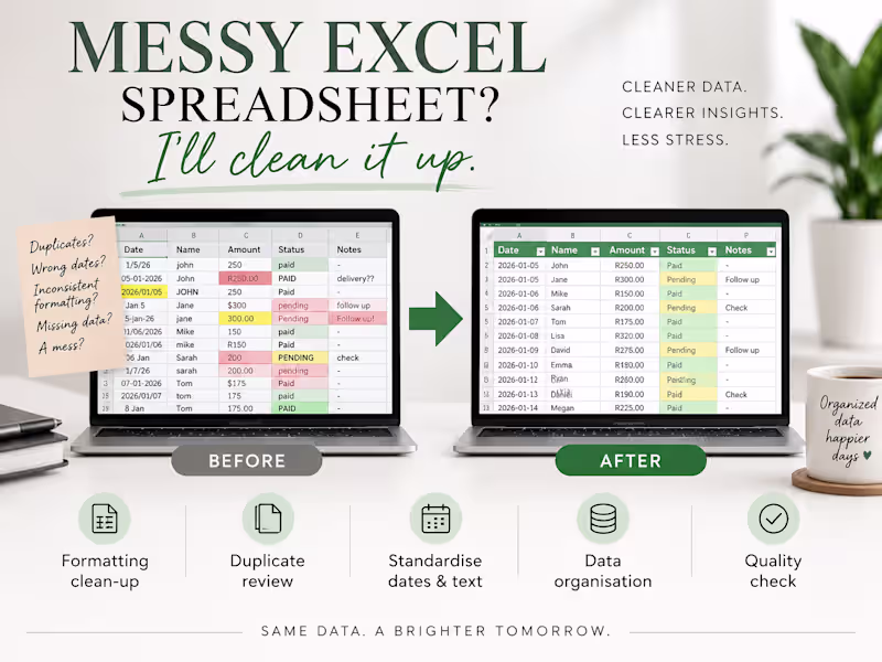 Cover image for I’ll clean, organize & format your Excel spreadsheet