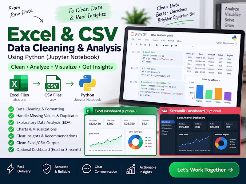 Cover image for I will clean, analyze and visualize your Excel or CSV data.