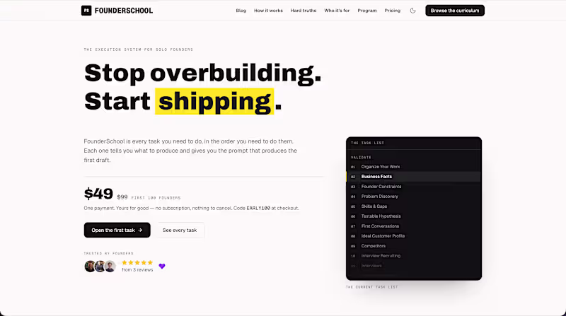 Cover image for Founder School is an execution system for solo founders buil...