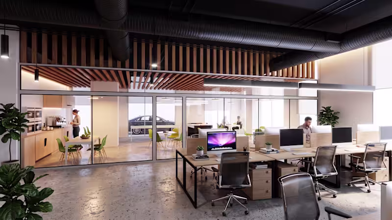 Cover image for :Industrial Warmth: Open-Plan Office ArchViz