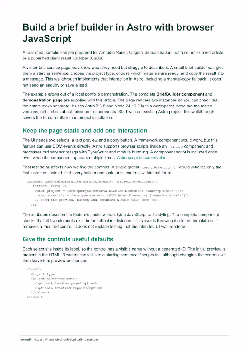 Cover image for Astro Brief Builder Technical Writing Sample