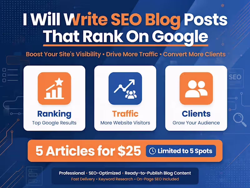 Cover image for I Will Write SEO Blog Posts That Rank On Google | 5 Articles...