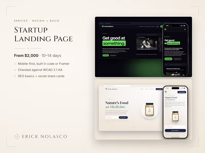 Cover image for Startup landing page, design + build