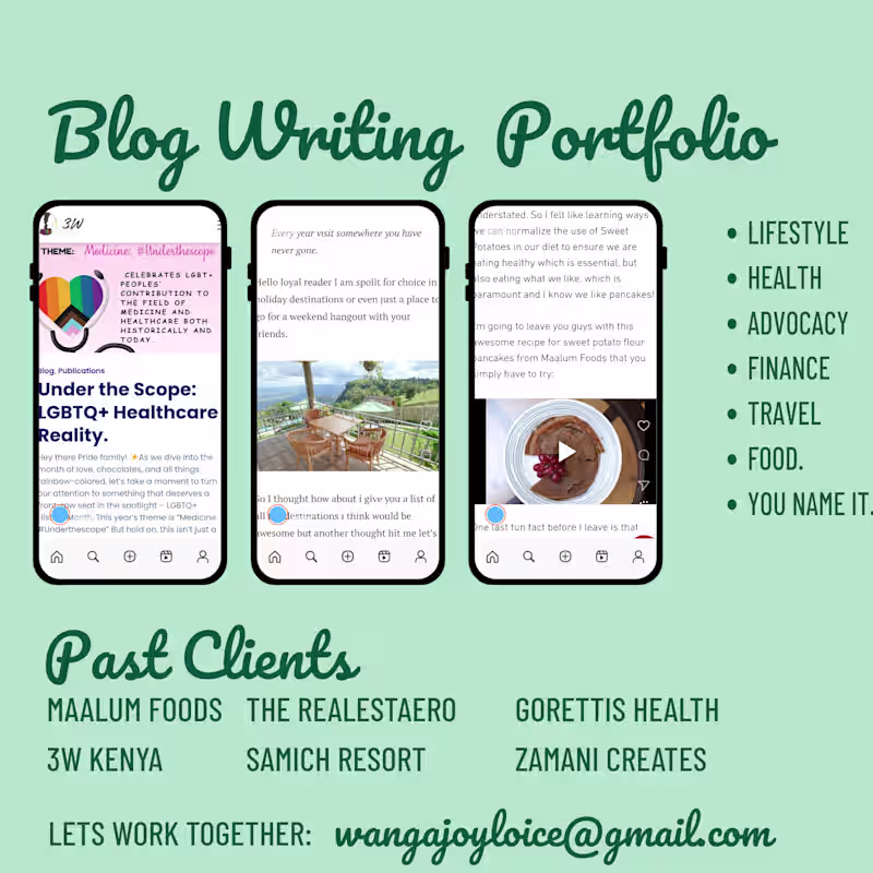 Cover image for Blog Writing — Food, Health, Finance & Advocacy
