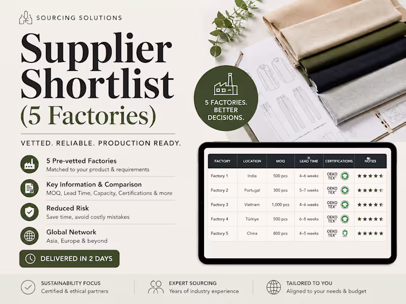 Cover image for Supplier Shortlist (3-5 factories with Quotes)