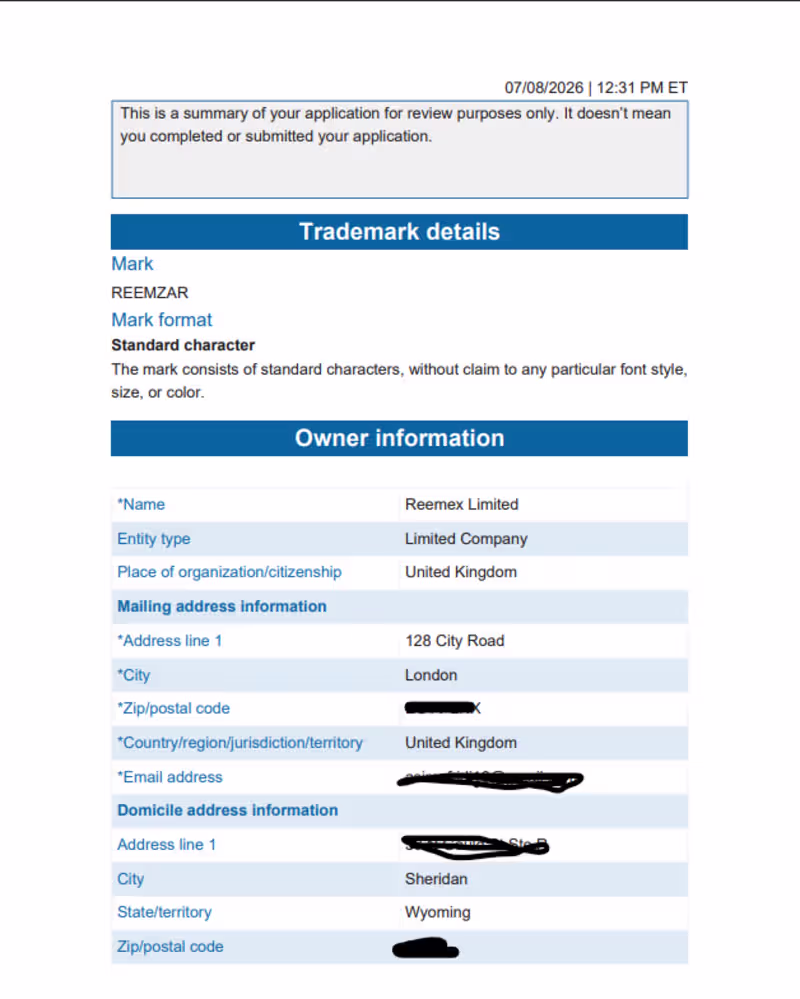 Cover image for USA trademark filing