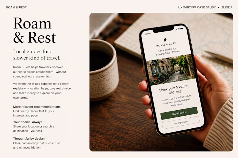 Cover image for Roam & Rest — Trust & Permission UX Writing