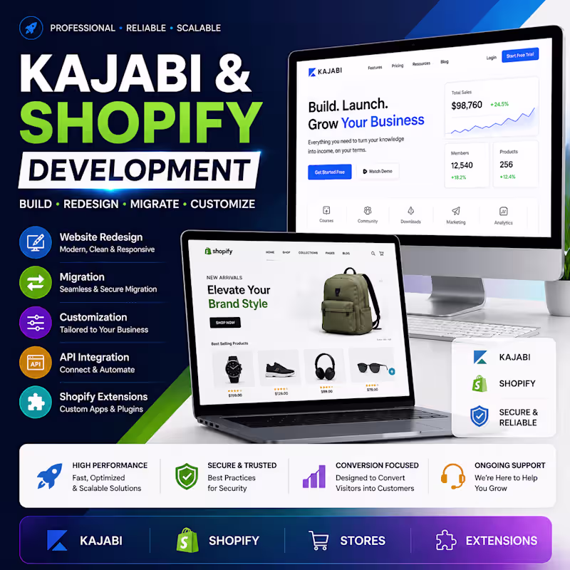 Cover image for Redesign, Migrate, Customize Website, Store | kajabi, shopify