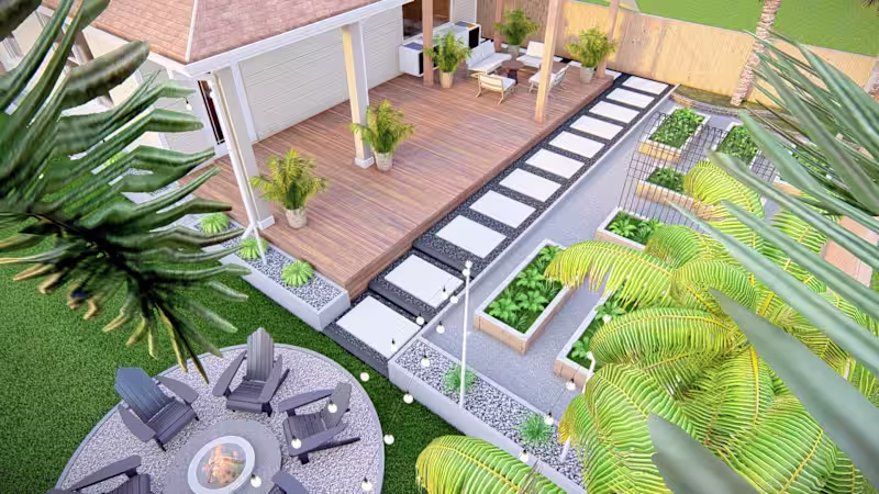 Cover image for Back yard landscape design with patio, garden and firepit