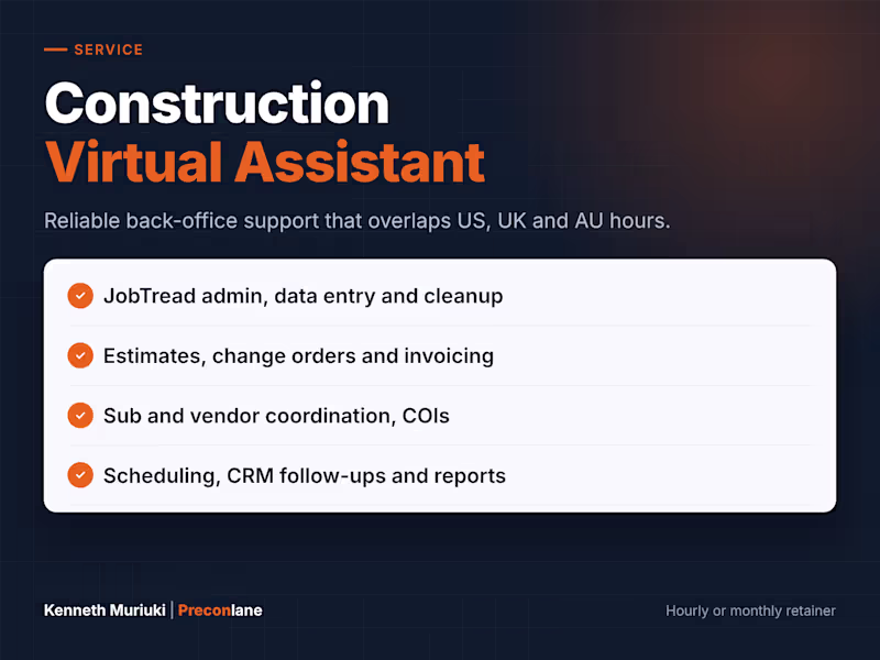 Cover image for Construction Virtual Assistant (Estimating and Back Office Ops)