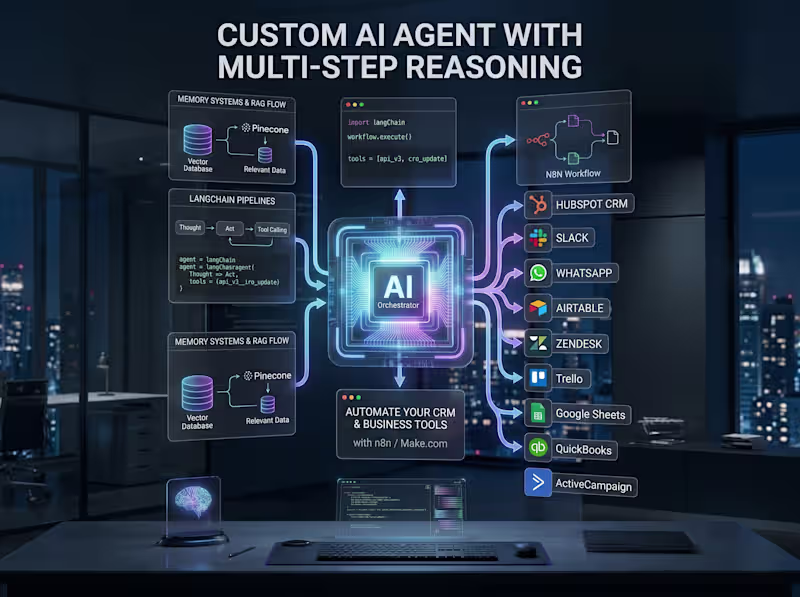 Cover image for custom AI agent with multi-step reasoning using LangChain or n8n