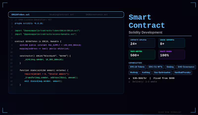 Cover image for Smart Contract Development & Auditing (Solidity)