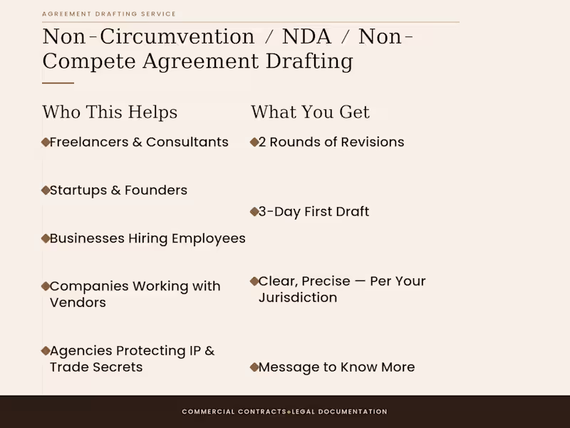 Cover image for Non-Circumvention / NDA / Non-Compete Agreement Drafting
