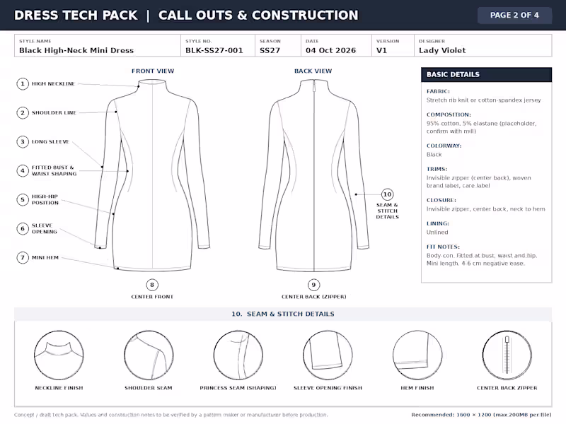 Cover image for Simple Fashion Tech Pack: Front/Back Sketch, Sizes & Notes