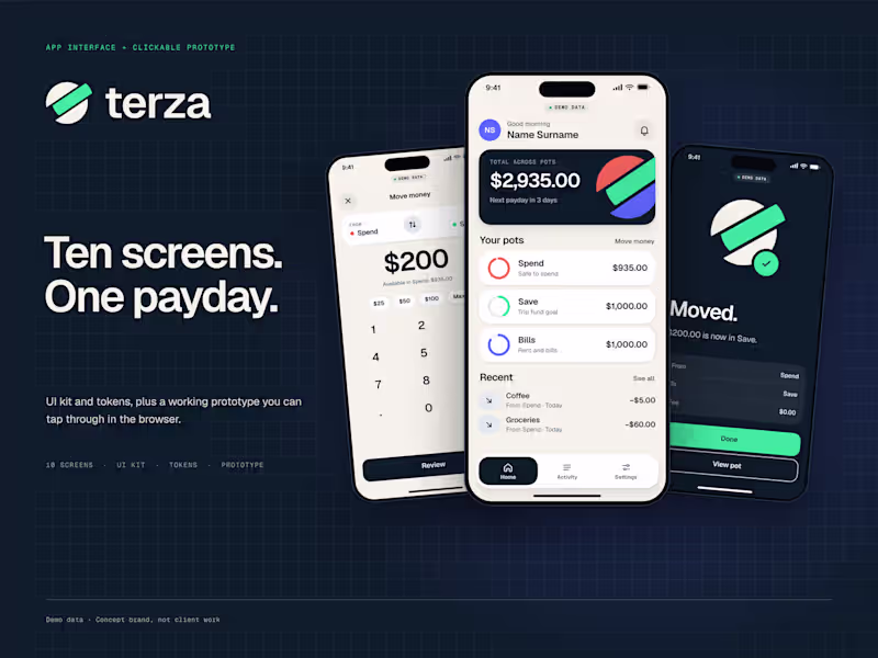 Cover image for Terza: Fintech Brand Identity Plus a Working 10-Screen App
