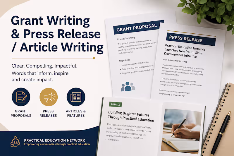 Cover image for Produced grant proposals, press releases,