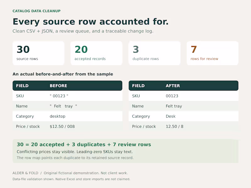 Cover image for Product catalog CSV cleanup with duplicate and issue reports