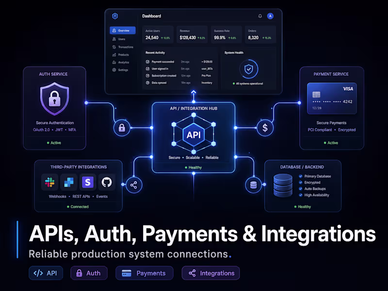 Cover image for API, Authentication, Payment & Integration Implementation