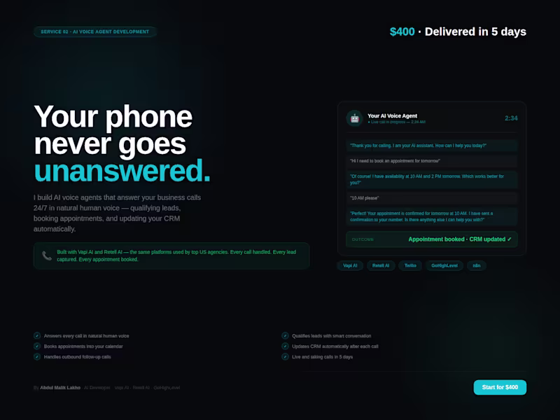 Cover image for I will build an AI voice agent that answers your business calls 