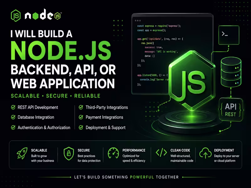 Cover image for I will build a scalable Node.js backend, API, or web application