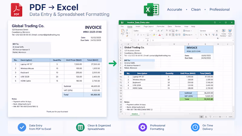 Cover image for PDF to Excel Data Entry & Formatting