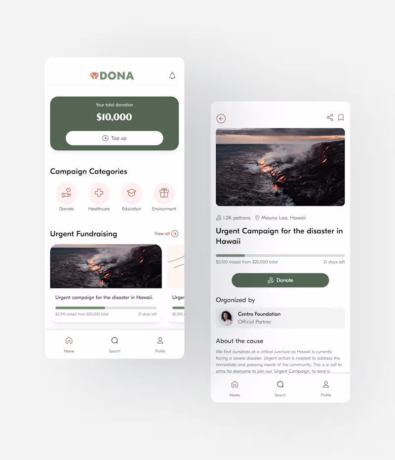 Cover image for Dona — App UI Design for a Crowdfunding Platform