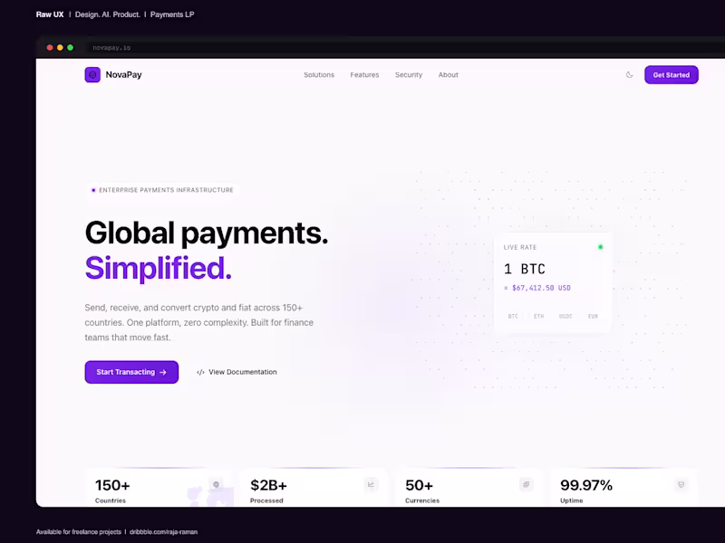 Cover image for NovaPay · Crypto Payments Platform · Landing Page Design