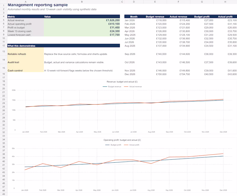 Cover image for Management Reporting & 13-Week Cash Flow — Fictional Sample