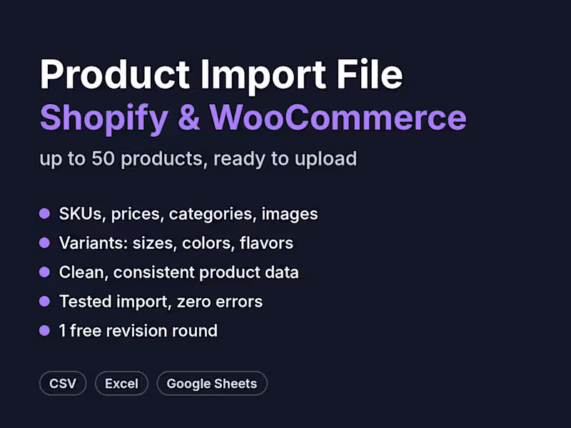 Cover image for Shopify or WooCommerce Product Import File, up to 50 SKUs