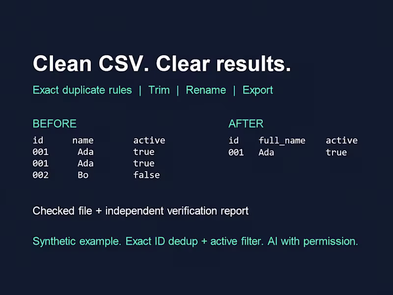 Cover image for CSV & JSON Data Cleanup with Independent QA