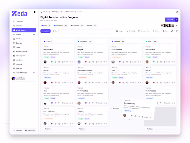 Cover image for ✦ Zeda — Kanban Board Screen Zeda is a SaaS productivity pla...