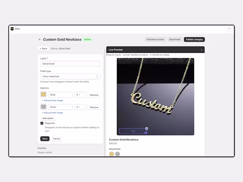 Cover image for Etch: Shopify App for Engraving & Personalization