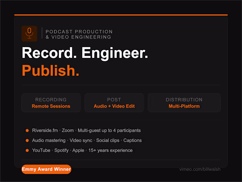 Cover image for Podcast Production, Editing & Video Engineering