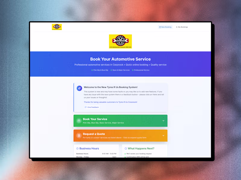 Cover image for Tyres R Us Booking System Development
