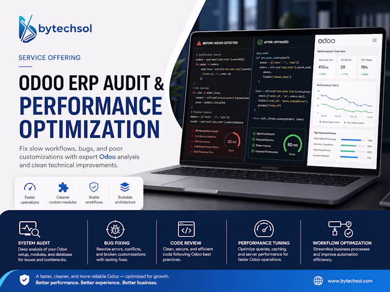 Cover image for Odoo ERP Audit, Performance Optimization & Bug Fixing