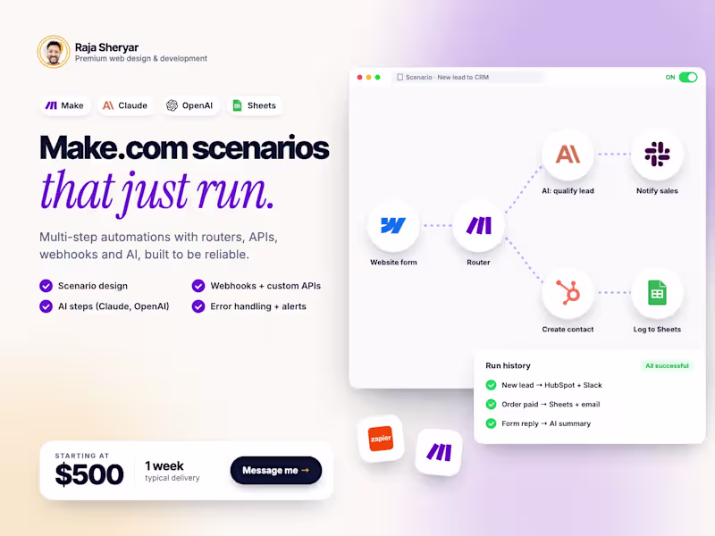 Cover image for Make.com Automation Expert: Scenarios, APIs & AI Agents