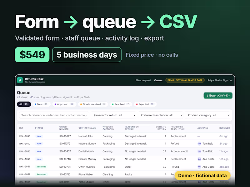 Cover image for Form → Queue → CSV Export internal tool (5 business days)