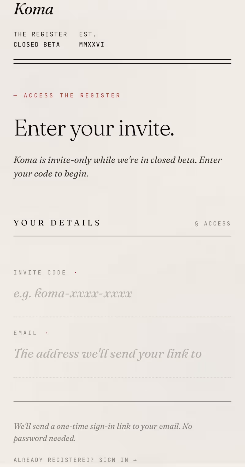 Cover image for Koma is a register of